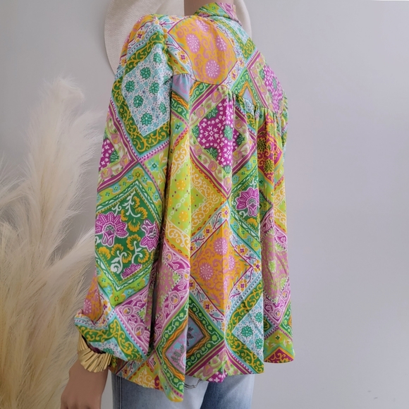 Retro Bohemian Vintage Handmade Green Floral Long Sleeve Bow-tie neck Blouse - Picture 2 of 11